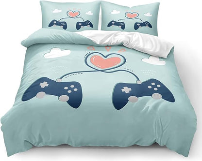 King Size Bedding Set for Gaming Families - Comforter Cover with Duvet Set & Pillowcases, Playful Gamepad Pair and Pink Heart Design on Soft Blue, Creates Cozy Gaming Bedroom