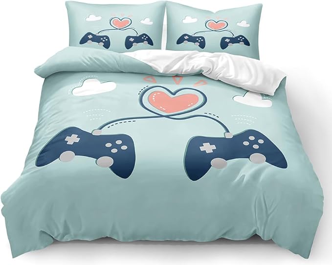 Full Size Comforter Cover Set with Pillowcases - Gamer Bedding & Duvet Cover Set, Cute Controller Duo Framing Pink Heart on Light Blue, Perfect for Gaming-Themed Kids Rooms