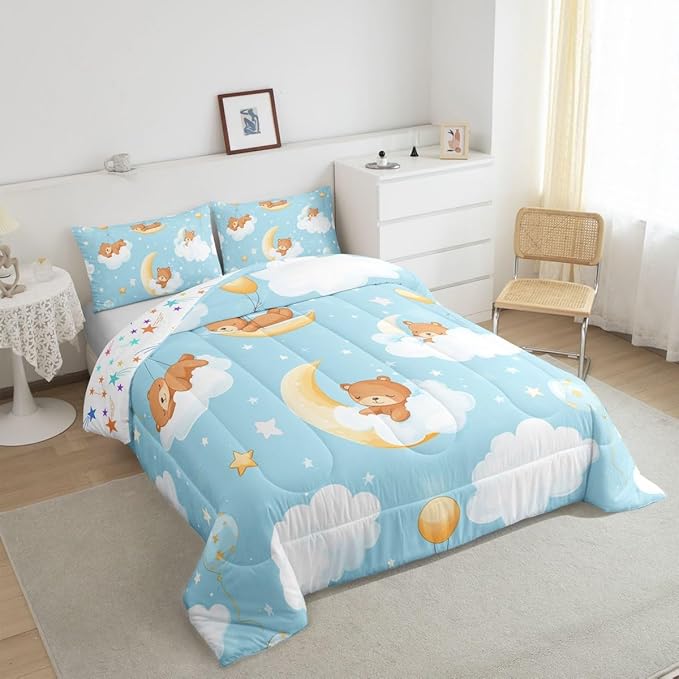 Cute Bear Bedding Set Full Size Cartoon Childlike Style Comforter Set for Girls Boys Room Decor Hand Drawn Moon Clouds Down Comforter Starry Star Sky Quilt Set with 2 Pillowcases