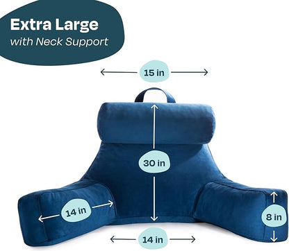 LINENSPA Reading Pillow with Shredded Memory Foam- Back Pillow for Sitting in Bed, Reading, Gaming, Watching TV – Bed Chair Pillow with Arms, Dorm Room Essentials, Navy