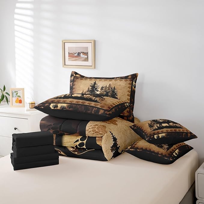 Feelyou Cute Deer Comforter Set with Sheets 7 Piece Queen Size for Girls Boys Kids Deer Hunting Bed in a Bag Room Decorative Bear Paw Print Tree Pattern Bedding Set Exotic Style Brown Bed Set
