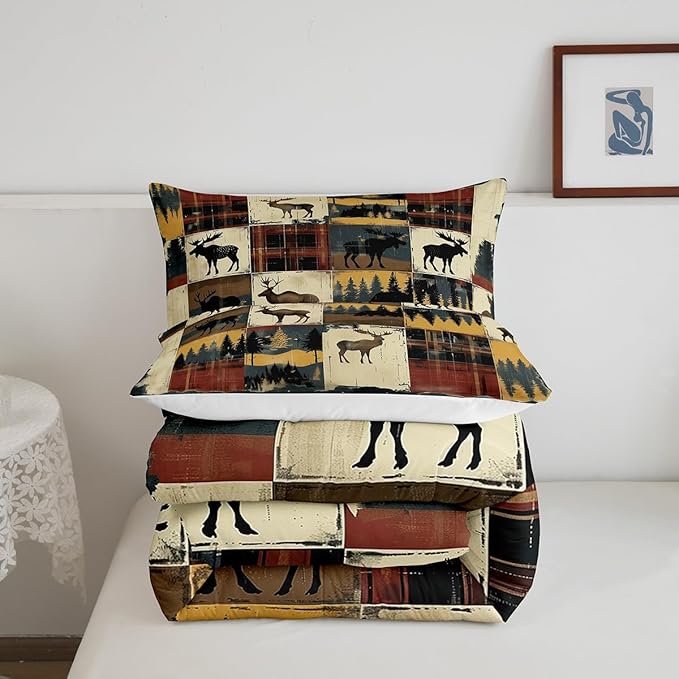 Feelyou Deer Comforter Set Toddler Size Wild Life Comforter for Boys Girls Teens Forest Bedding Set Grid Duvet Set Room Decor Rust Red Quilt Set