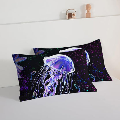 HOSIMA Ocean Theme King Size Comforter Set 3 Piece,Deep Sea Treasure Crystals Jellyfish Comforter Preppy Bedding Set,Dreamy Marine Life Colored Ink Comforter Galaxy Bedding.