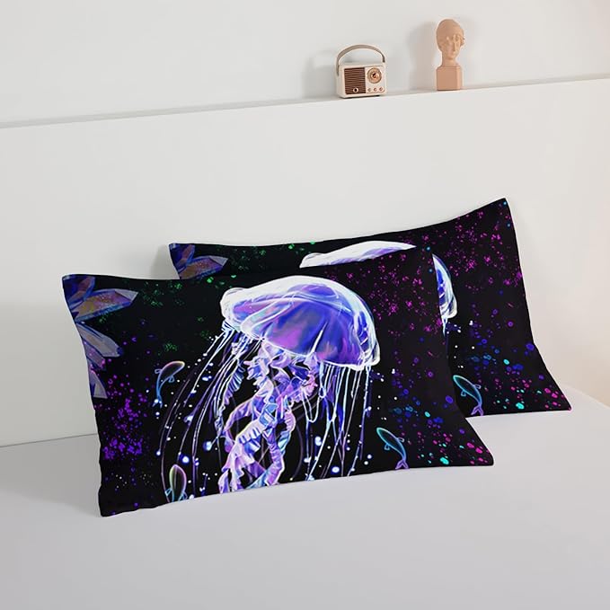 HOSIMA Ocean Theme Comforter 3 Piece,Deep Sea Treasure Crystals Jellyfish Comforter Full Size Bed in a Bag Preppy Bedding Set,Dreamy Marine Life Colored Ink Comforter Galaxy Bedding.