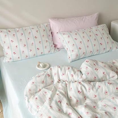 Blue White Striped Duvet Cover Queen Size Romantic Floral Bedding Set with Red Rose 3 Pcs Stripes Aesthetic Botanical Flower Comforter Set for Kids Boys Girls Women