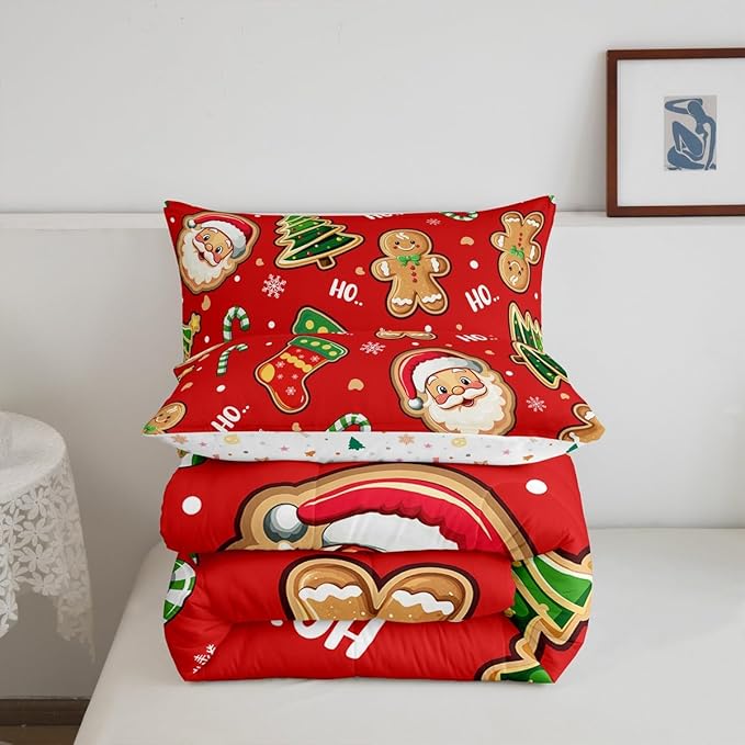 Erosebridal Santa Claus Comforter Set Queen,Cute Gingerbread Man Bedding for Kids Child Teens,Cartoon Christmas Tree Snowflake Comforter Sets,Red Green Xmas Duvet Insert with 2 Pillowcases