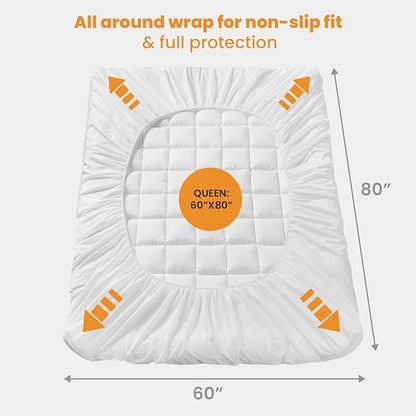 MATBEBY Queen Size Mattress Pad - Cooling Breathable Mattress Topper, Quilted Fitted Mattress Protector, Pillow Top Mattress Cover with 8-21" Deep Pocket, Soft, Machine Washable, White, 60x80 Inches