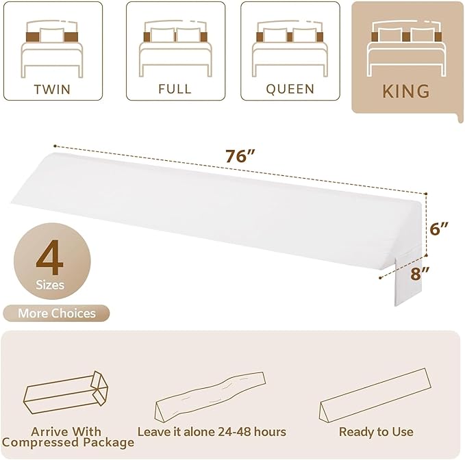 Bedluxe King Wedge Pillow Headboard, Bed Wedge Pillow for Headboard, Bed Gap Filler King - Fill The Gap (0-4.5") (White, 76"x8"x6")