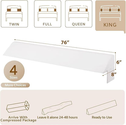Bedluxe King Wedge Pillow Headboard, Bed Wedge Pillow for Headboard, Bed Gap Filler King - Fill The Gap (0-4.5") (White, 76"x8"x6")