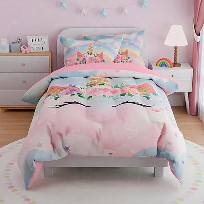 SANDJEST Unicorns Bedding Set for Girls Kids Teen Tween, Ultra Soft Microfiber Comforter Set Twin Size with 3-Pieces, Comforters Bed Sets Bedroom Decor