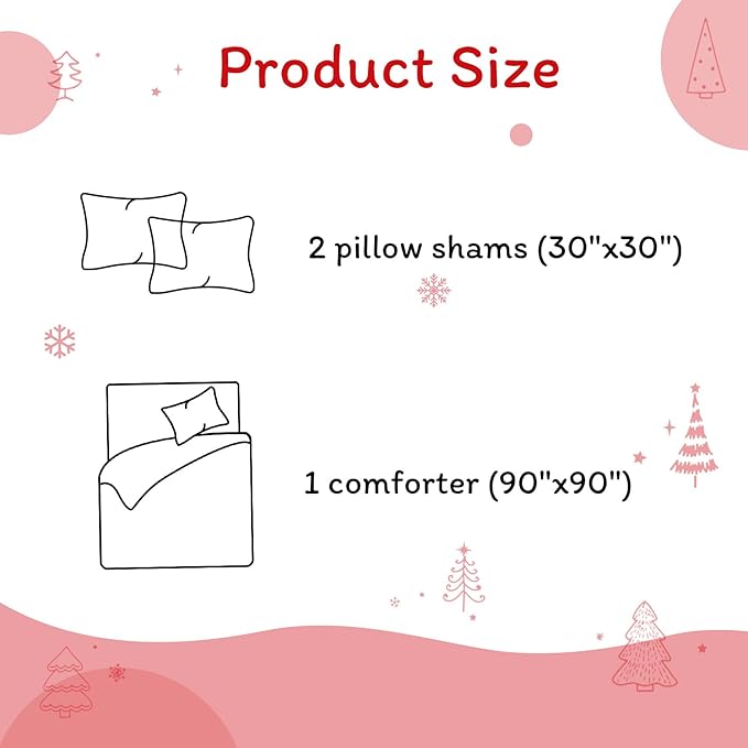 JSD Red Kids Christmas Comforter Set Queen Size, 3 Piece Xmas Tree Printed Microfiber Bedding Set, Machine Washable