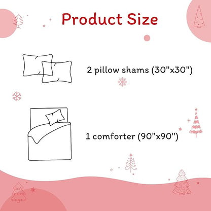 JSD Red Kids Christmas Comforter Set Queen Size, 3 Piece Xmas Tree Printed Microfiber Bedding Set, Machine Washable