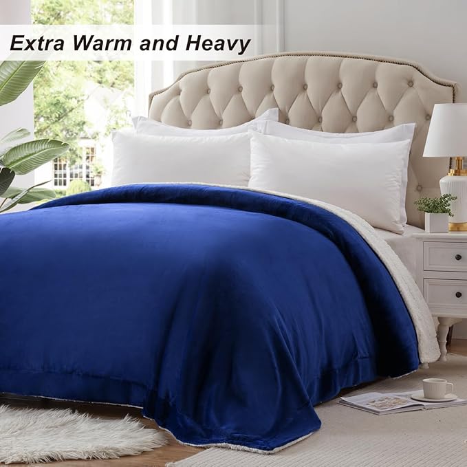 KAWAHOME Sherpa Fleece Queen Size Blanket for Bed - Extra Warm and Heavy Thick Blankets for Winter, Super Soft 500GSM Plush Blanket, 90"X 90" Navy Blue