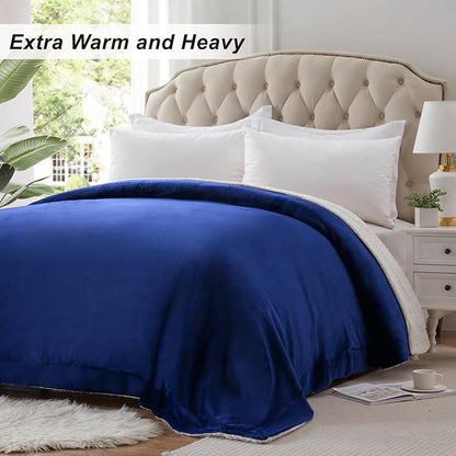 KAWAHOME Sherpa Fleece Twin Size Blanket for Bed - Extra Warm and Heavy Thick Blankets for Winter, Super Soft 500GSM Plush Blanket, 66"X 90" Navy Blue