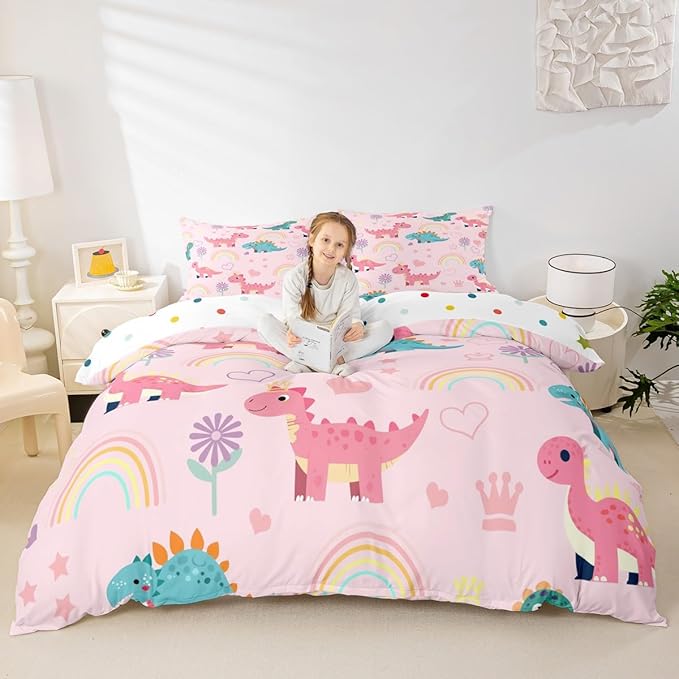 Castle Fairy Lovely Dino Bedding Sets Toddler Size,Cute Rainbow Floral Love Heart Reversible Duvet Cover 2Pcs for Kids Bedroom,Pink Blue Dinosaur Kawaii Animal Quilt Cover,1 Pillowcase (No Comforter)