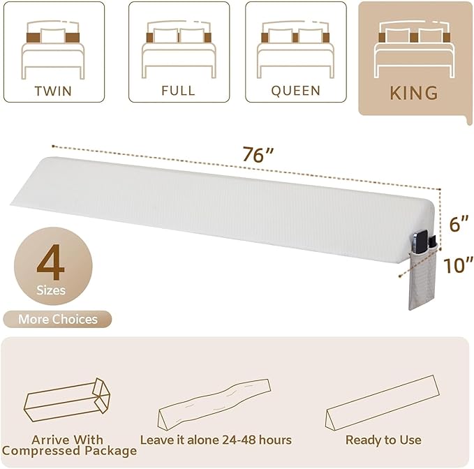 Bedluxe King Wedge Pillow Headboard, Bed Wedge Pillow for Headboard, Bed Gap Filler King - Fill The Gap (0-7")(Air-Layer White, 76"x10"x6")