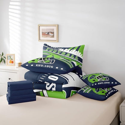 Erosebridal Full Size Sports City Bedding Sets, Gridiron Seasonal Comforter Rugby Sports Decor Comforter + Flat Sheet + Fitted Sheet + 2 Pillowcases + 2 Throw Pillow Covers