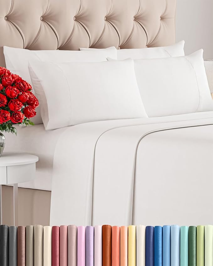 Cal King 6 Piece Sheet Set - Comfy Breathable & Cooling - Soft Hotel Luxury Bedding Set with 8-16 Inch Deep Pockets - 1 Flat & 1 Fitted Sheet & 4 Pillowcases - Wrinkle Free & Easy Care - Antique White
