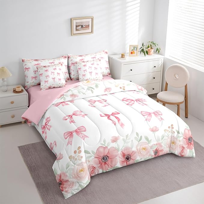 Erosebridal Kawaii Pink Bowknot Bed in A Bag | Flower Bow Decorations Bedding Set for Girls Preppy Coquette Bows Comforter Sets with Sheets, 7 Pieces Romance Bed Set Bedroom Decor (King)