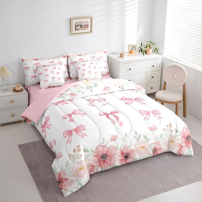 Erosebridal Kawaii Pink Bowknot Bed in A Bag | Flower Bow Decorations Bedding Set for Girls Preppy Coquette Bows Comforter Sets with Sheets, 7 Pieces Romance Bed Set Bedroom Decor (Full)