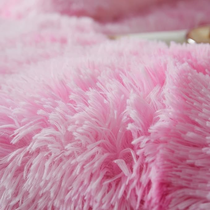 Wajade Faux Fur Plush Pink Comforter Set Fluffy Fuzzy Shaggy Bedding Set - 3PC Full Size Microfiber Soft Warm Quilt Set