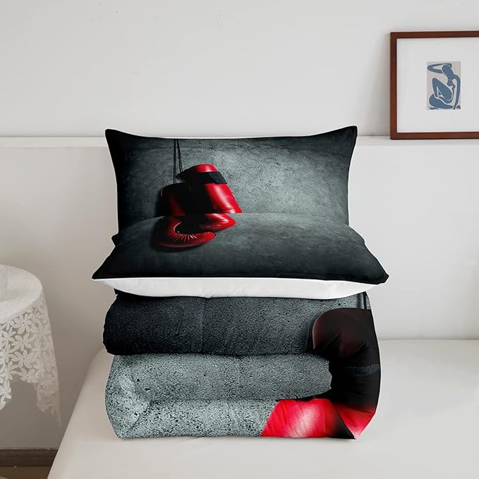 Feelyou Boxing Bedding Set Sports Theme Comforter Set for Kids Boys Girls Men Red Boxing Gloves Pattern Comforter Pugilism Games Design Quilt Set with 1 Pillowcase 2Pcs Bedding Twin