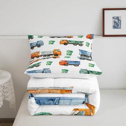 Erosebridal Toddler Bedding Set Garbage Trucks Comforter Set Vintage Watercolor Garbage and Trash Truck Bedding Comforter Sets Full for Boys Girls Refuse Classification Trash Vehicles Bed Set