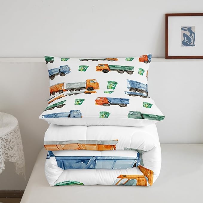 Erosebridal Toddler Bedding Set Garbage Trucks Comforter Set Vintage Watercolor Garbage and Trash Truck Bedding Comforter Sets Toddler Size Boys Girls Refuse Classification Trash Vehicles Bed Set