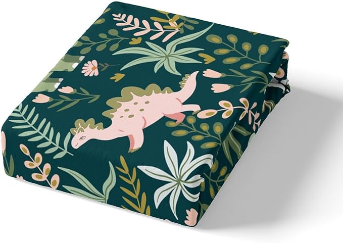 Castle Fairy Cute Dinosaur Duvet Cover Set Full Size,Kids Cartoon Dino Kawaii Animal Comforter Cover with 2 Pillowcases,Green Pink Leaves Plant Botanical Breathable Bedspread for Boys Teens