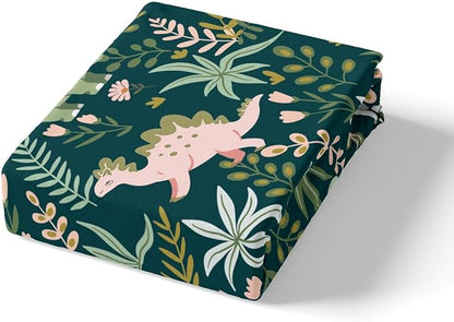 Castle Fairy Cute Dinosaur Duvet Cover Set Full Size,Kids Cartoon Dino Kawaii Animal Comforter Cover with 2 Pillowcases,Green Pink Leaves Plant Botanical Breathable Bedspread for Boys Teens