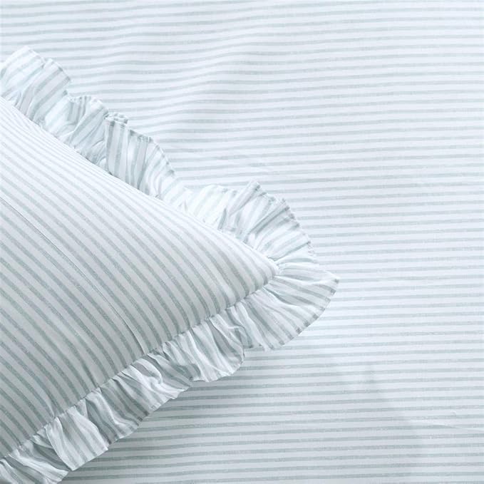 Lush Decor Ticking Stripe Bedspread Queen Size 3 Piece Set Lake Blue - Ruffle Bedding Set Queen Bedspreads - Striped Bedding - Farmhouse & Coquette Decor