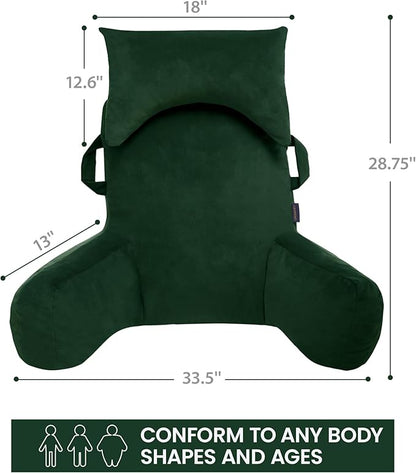 Portable Reading Pillows with Headrest for Bed Sitting Up(Dark Green Oeko-Tex), Velvet Back Pillow with Arms & Pockets for Adults, Support Memory Foam Bed Pillow for Dorm/Watching/Gaming