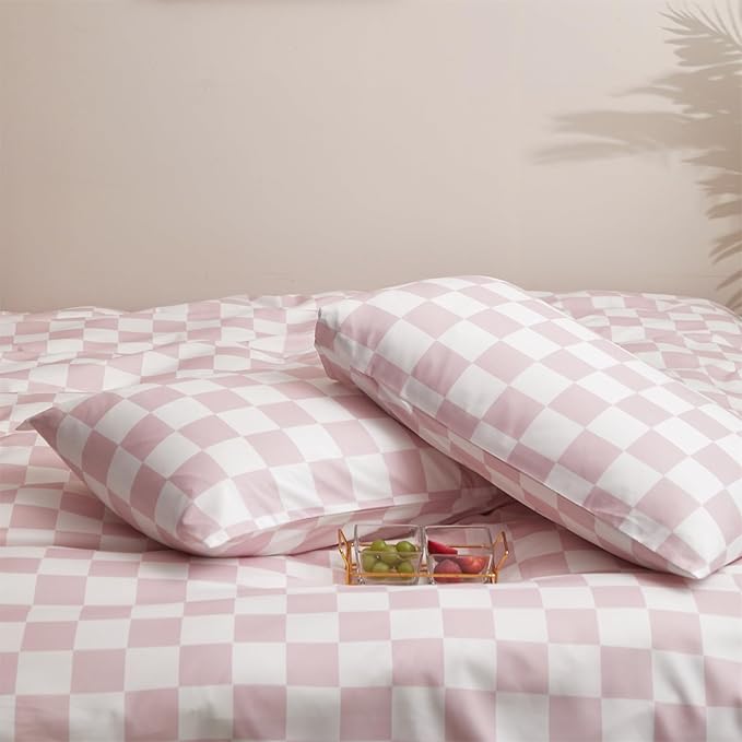 Wellboo Pink White Plaid Comforter Sets Full Women Men Bean Pink and White Checkerboard Grid Bedding Comforters Cotton Boys Girls Modern Dusty Pink Checkered Geometric Quilts Luxury Abstract Bed