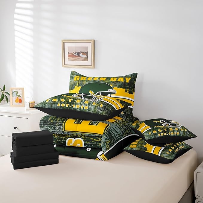 Erosebridal Football Gamed Bedding Set for Boys Girls Youth Sports Room Decor, Football City Themed Comforter Sets with Sheets Army Green Yellow Seasonal Color Bed in A Bag Full 7 Pieces
