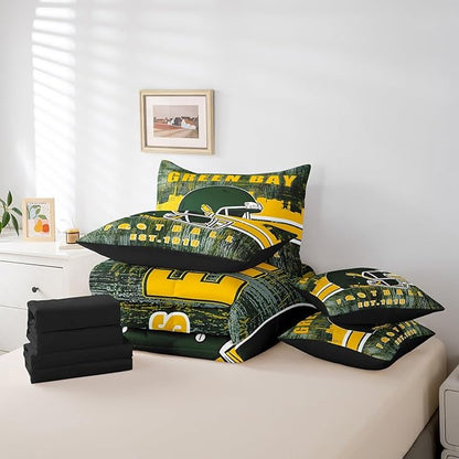 Erosebridal Football Gamed Bedding Set for Boys Girls Youth Sports Room Decor, Football City Themed Comforter Sets with Sheets Army Green Yellow Seasonal Color Bed in A Bag Full 7 Pieces