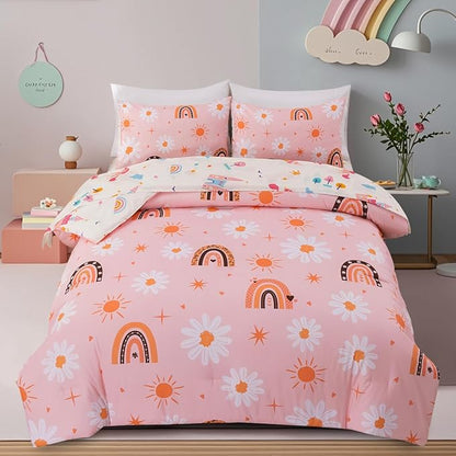 Holawakaka Boho Rainbow Daisy Full Comforter Set with Sheets, 5-Piece Bohemian Sun Flower Bedding Set for Girls & Women - Super Soft Microfiber Kids Teen-Girls Orange Reversible Bed-in-a-Bag