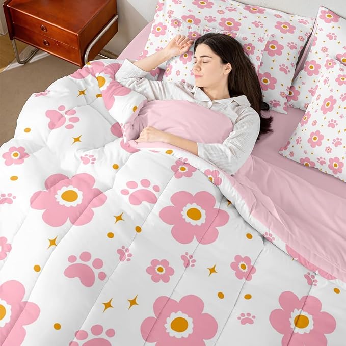 Feelyou Pink Flower 7 Piece Bedding Set Cute Dog Paw Print Comforter Set with Sheets for Kids Boys Girls Star Print Bed in a Bag Kawaii Bed Set Soft Lightweight