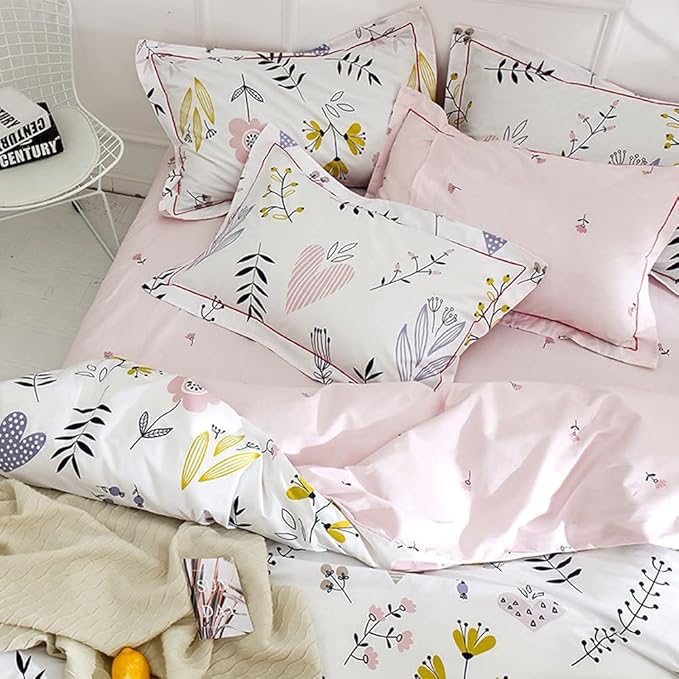 BuLuTu Floral Love Print Girls Duvet Cover Full Size White/Pink Cotton Premium Blossom Kawaii Reversible Kids Bedroom Comforter Cover Bedding Sets for Toddler,Teen,Breathable,Lightweight,Zipper