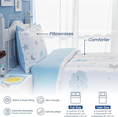 SANDJEST Star and Moon Comforter Set Twin Size 68x86in for Kids Boys Girls Unisex, Microfiber 3 Pcs Bedding Set Includes 1 Comforter, 1 Pillowcase, 1 Fitted Sheet, Nursery Room Decor