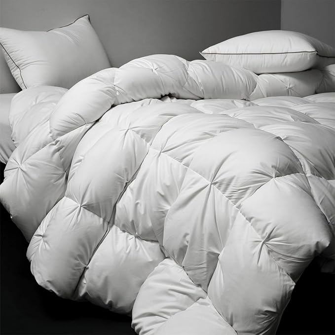 Royoliving Premium Feathers Down Comforter 100% Cotton Cover Duvet Insert with Corner Tabs (White Twisted Flower, King All Season)