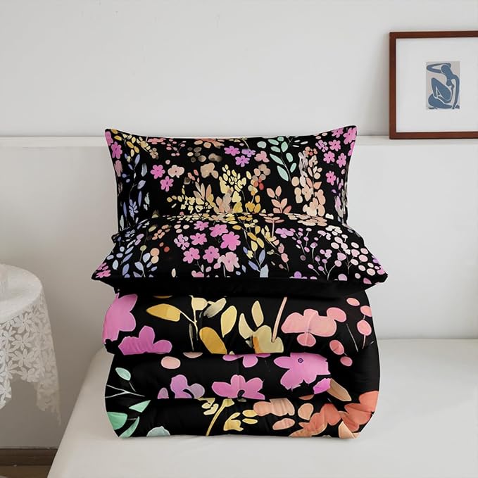 Erosebridal Colorful Floral Comforter Set Queen Size,Cute Boho Pink Flower Bedding Set for Kids Girls Bedroom Decor,Watercolor Wild Flowers Quilt Bed Set Bohemian Wildflower Bed Comforter Set 3Pcs