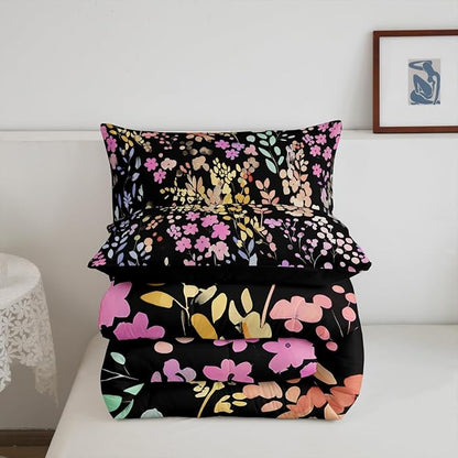 Erosebridal Colorful Floral Comforter Set King Size,Cute Boho Pink Flower Bedding Set for Kids Girls Bedroom Decor,Watercolor Wild Flowers Quilt Bed Set Bohemian Wildflower Bed Comforter Set 3Pcs