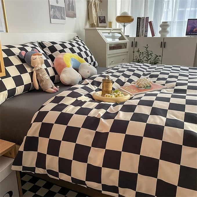 Wellboo Black White Plaid Comforter Sets Queen Women Men Black and White Checkerboard Grid Bedding Comforters Cotton Boys Girls Modern Checkered Geometric Quilts Luxury Abstract White Bedding