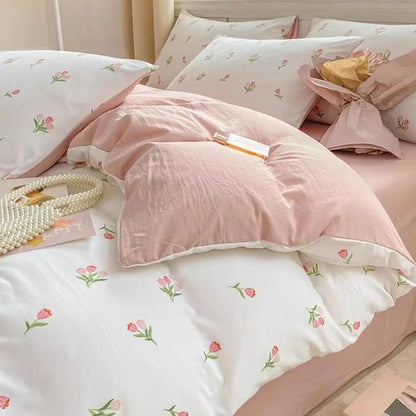 Floral Duvet Cover Twin 2Pcs Girls Cute Pink Tulips Duvet Cover Set Modern Aesthetic Bedding Set Ultra Soft Breathable Garden Flower Bedding with 1 Pillowcase(No Comforter)