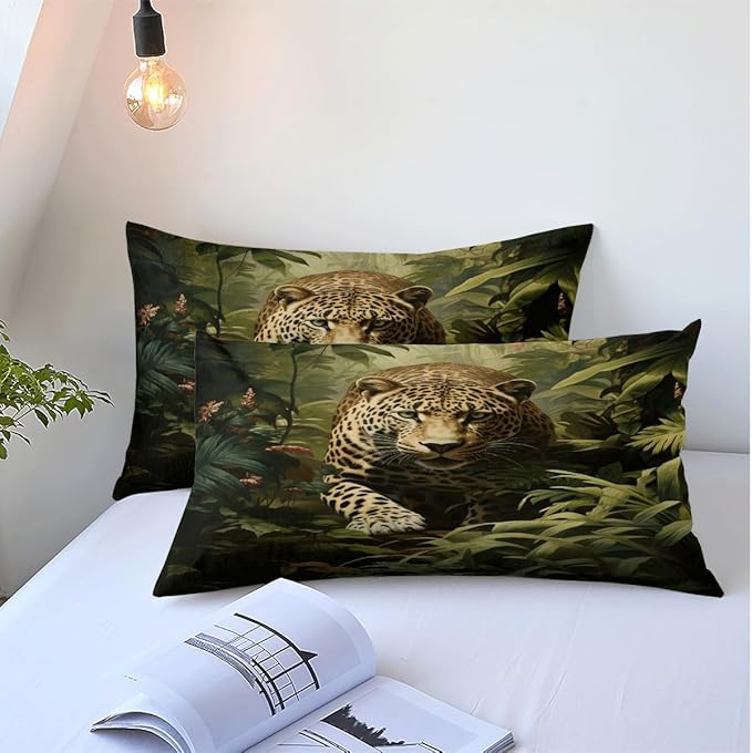 Leopard Print Duvet Cover Set Full Size 3D Wild Animals Leopard Jungle Print Bedding Set with 2 Pillowcases for Kids Teens Adults Room Decor,Green Yellow