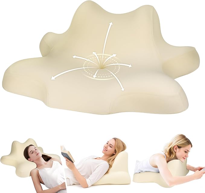 Reading Pillow for Lying, Leaning and Prone, Contour Memory Foam Pillow, Ergonomic Cervical Pillow for Neck and Shoulder Pain Relief, Bed Wedge Pillow Beige