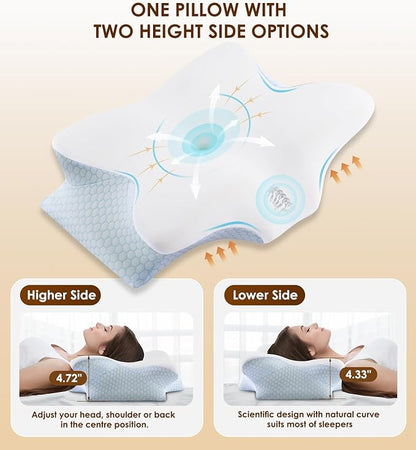Cervical Memory Foam Pillow for Neck and Shoulder, Ergonomic Contour Cervical Pillow for Sleeping with 2 Heights, Cooling Neck Support Pillows for Side Back Stomach Sleeper Blue