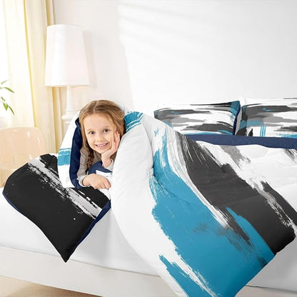 Feelyou Abstract Comforter Modern Abstract Art Comforter Set for Boys Girls Children White Grey Blue Pattern Bedding Set Room Decor King Size Duvet Set 3Pcs