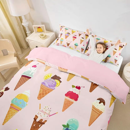 Castle Fairy Ice Cream Comforter Cover Twin Pink Cool Bedding Set Children Favorite Duvet Cover for Boys Girls Bedspread Cover 2pcs (1 Duvet Cover +1 Pillowcases),Multi 7