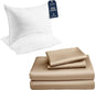 Beckham Hotel Collection Down Alternative Pillows & Cotton Sheets 4 Piece Set, 16" Deep Pocket, 2 Open End Pillowcases, Queen, Sand